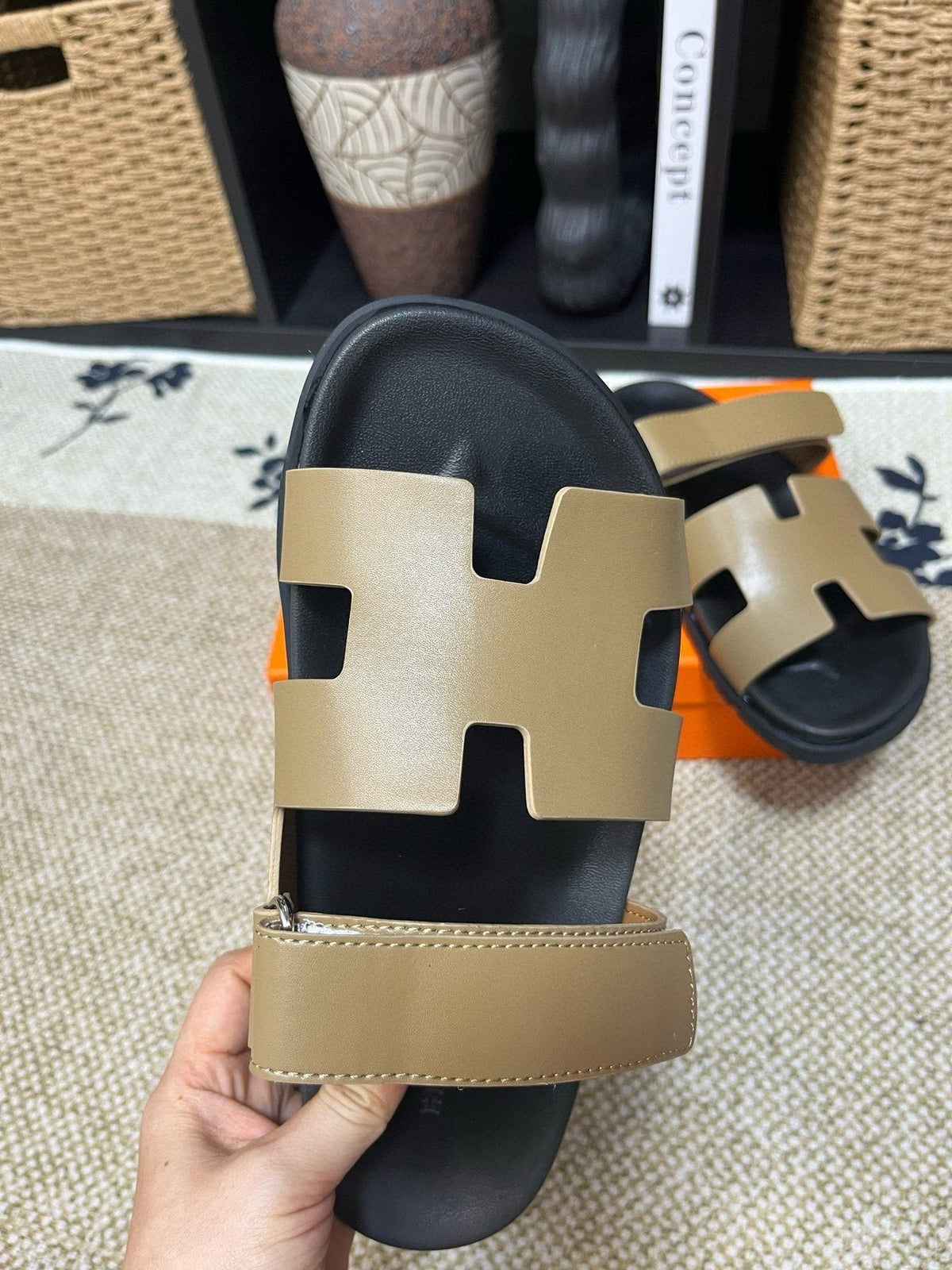 Hermes Kazimir Tan and Black Slide Sandals — front