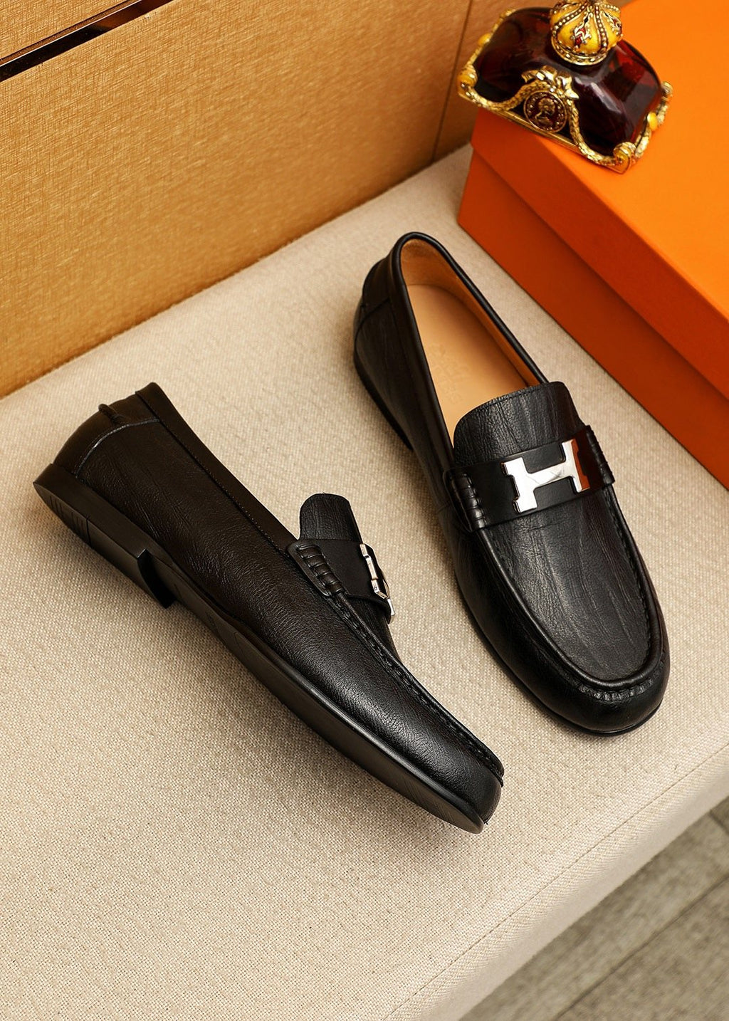 Hermès Black H-Hardware Loafers — front