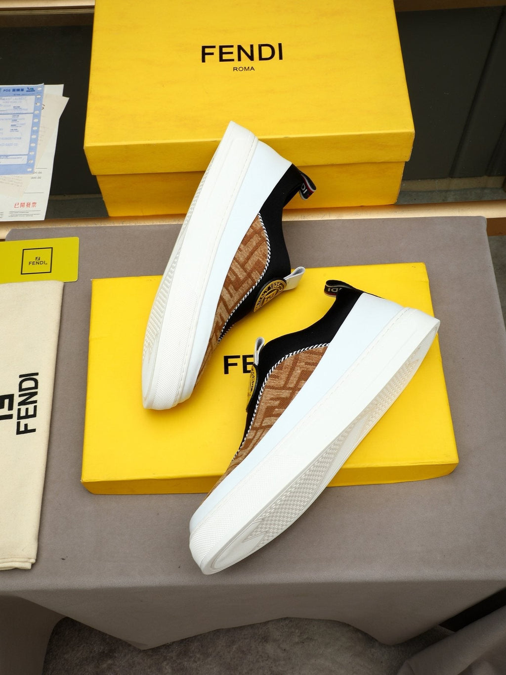 Fendi Brown Patterned Slip-On Sneakers — side