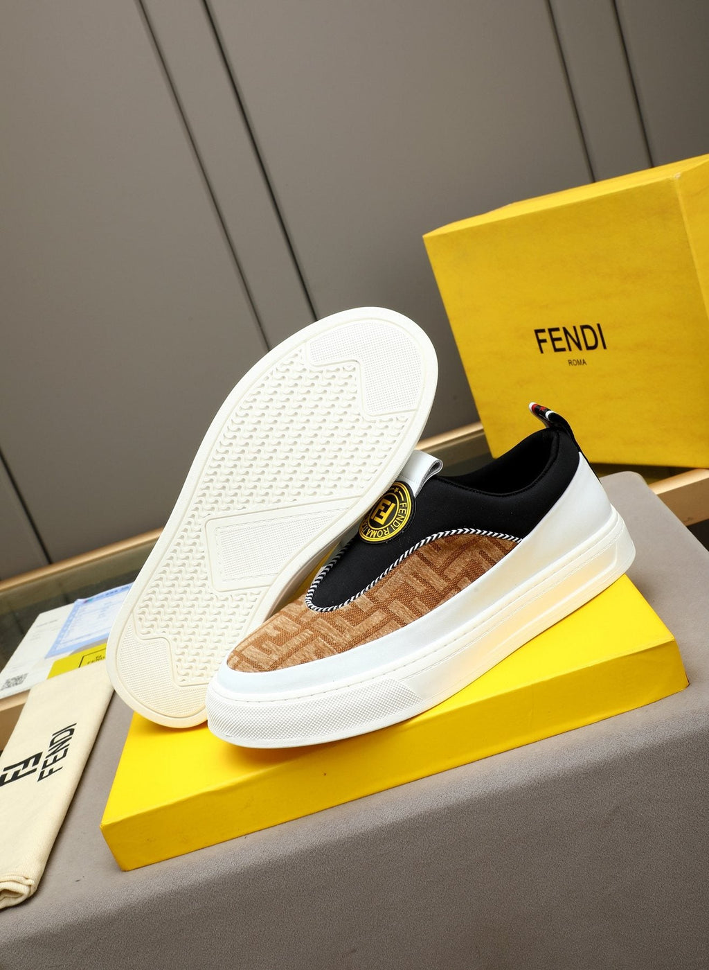 Fendi Brown Patterned Slip-On Sneakers — side