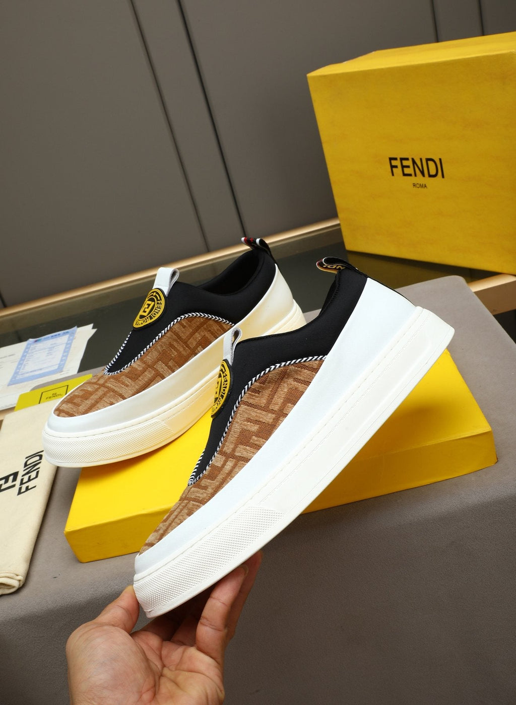 Fendi Brown Patterned Slip-On Sneakers — side