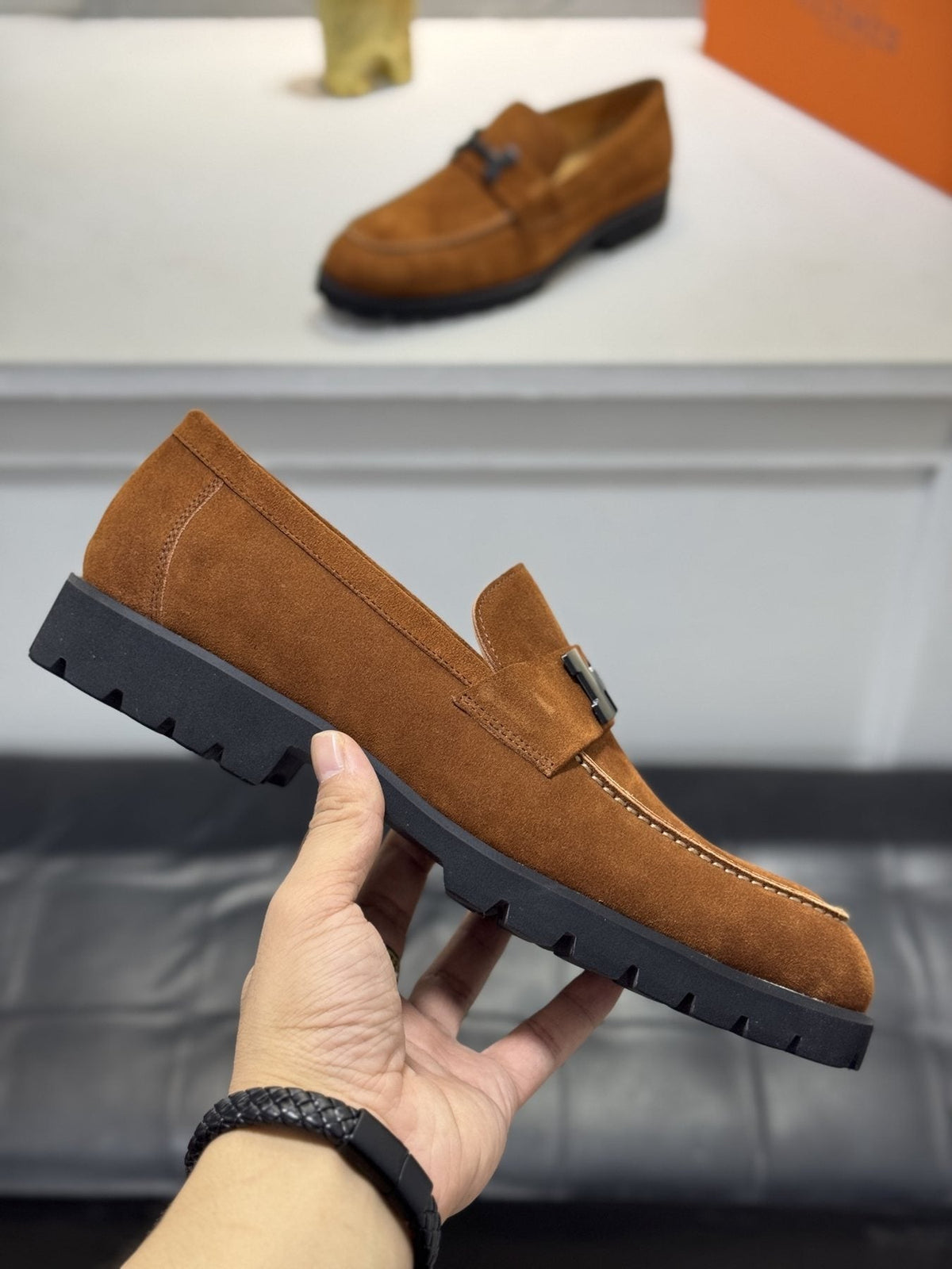 Hermès Brown Leather Lug-Sole Loafers — side