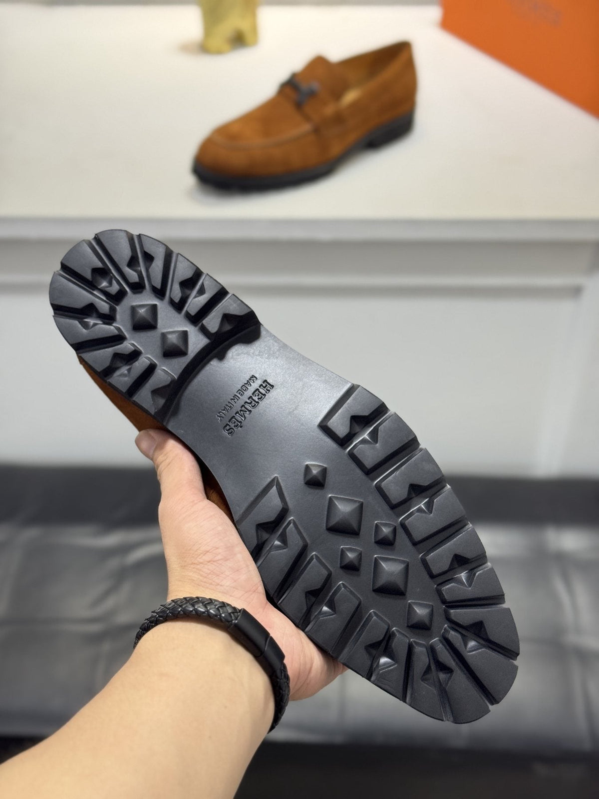 Hermès Brown Leather Lug-Sole Loafers — detail