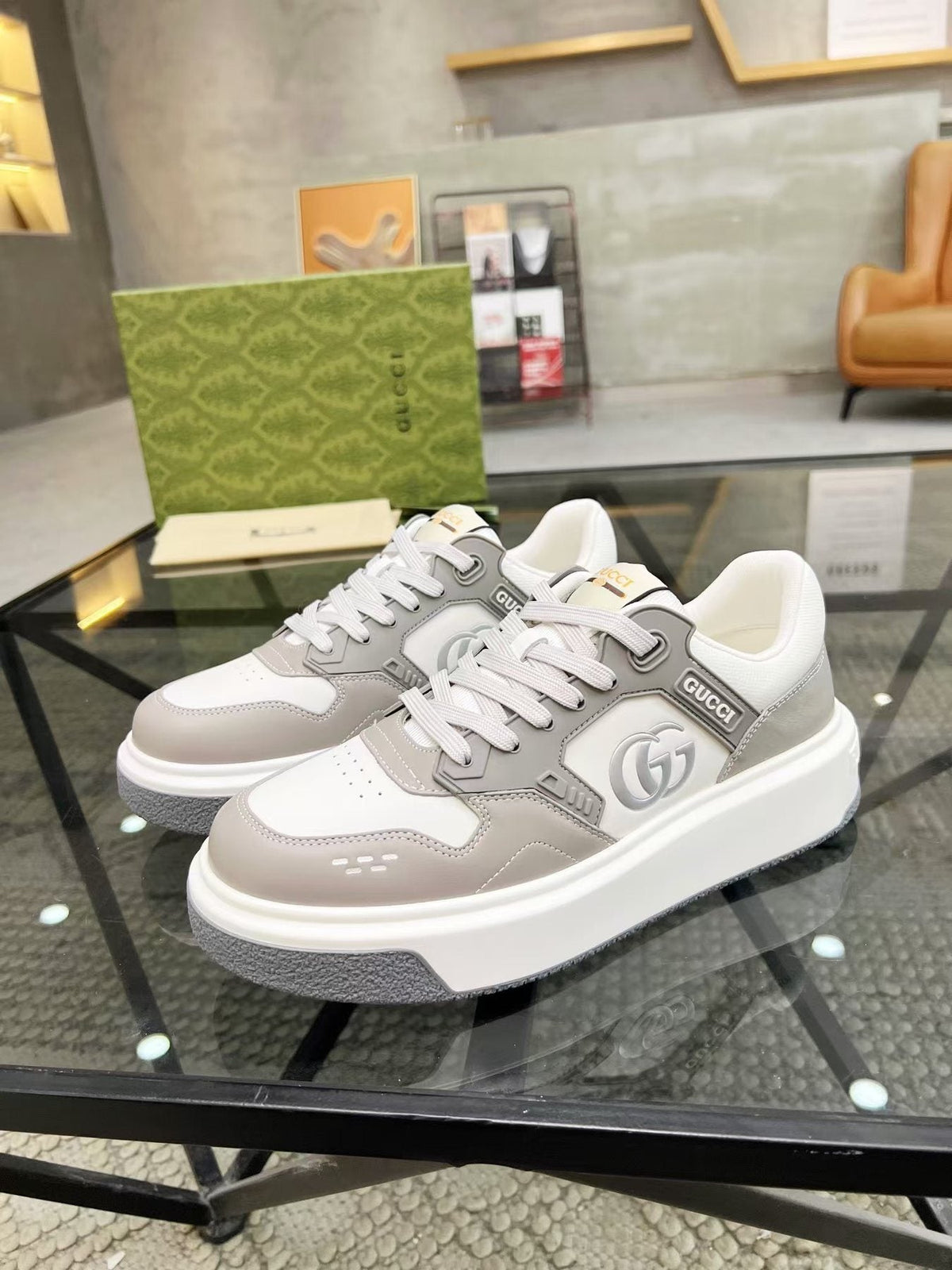 Gucci White and Light Gray Low-Top Sneakers — front