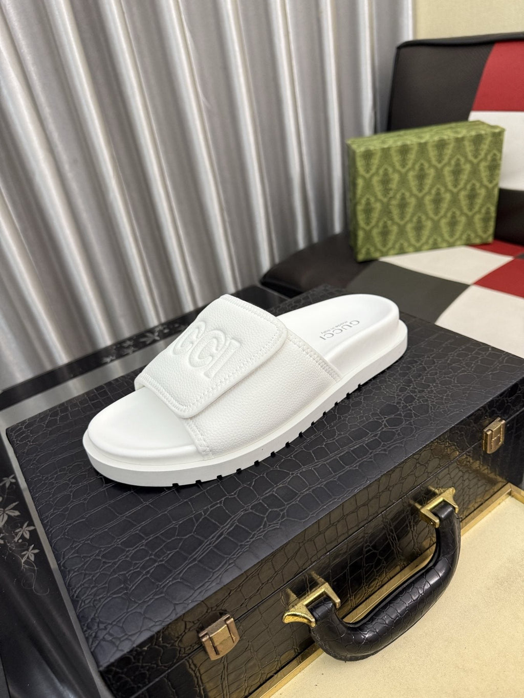 Gucci White Embossed Slide Sandals — front