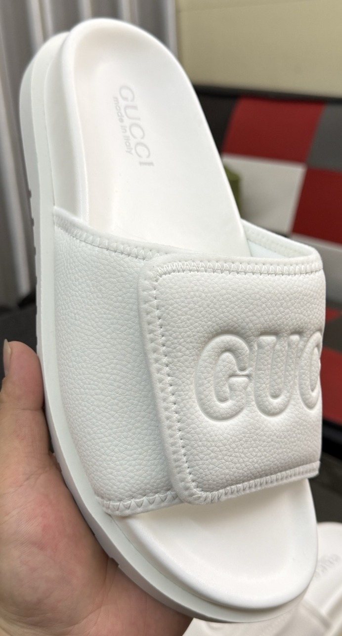 Gucci White Embossed Slide Sandals — front