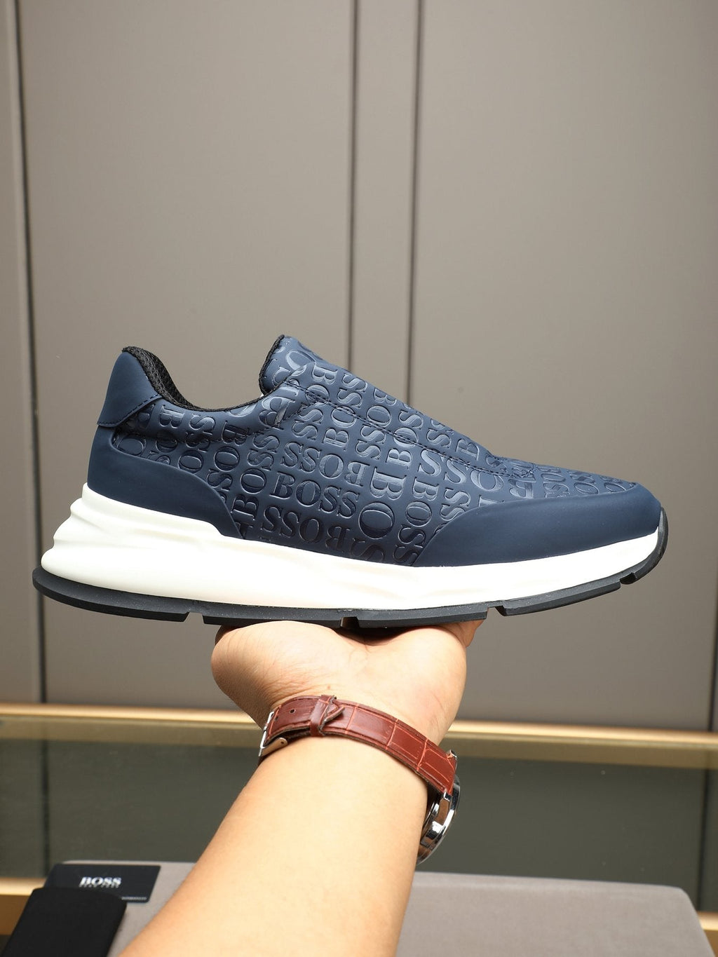 BOSS Navy Textured Slip-On Sneakers — model