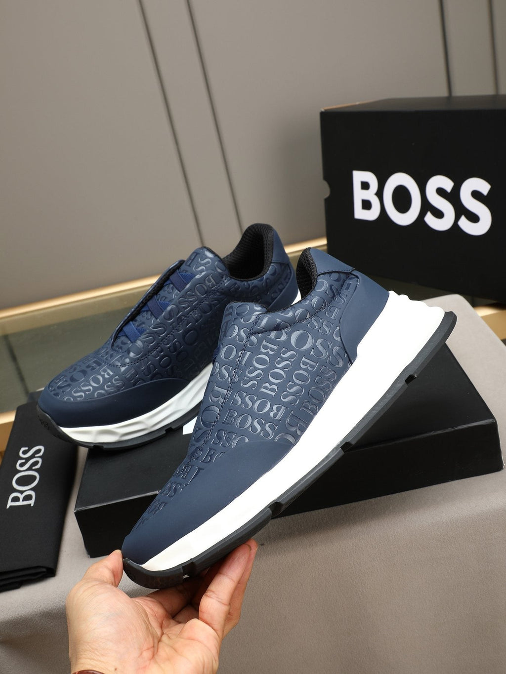 BOSS Navy Textured Slip-On Sneakers — front