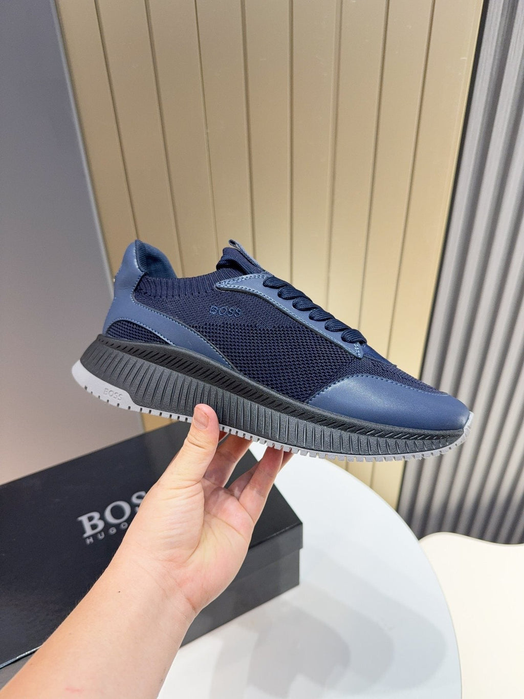 BOSS Navy Blue Knit Running Shoes — model