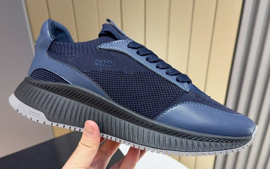 BOSS Navy Blue Knit Running Shoes — hero