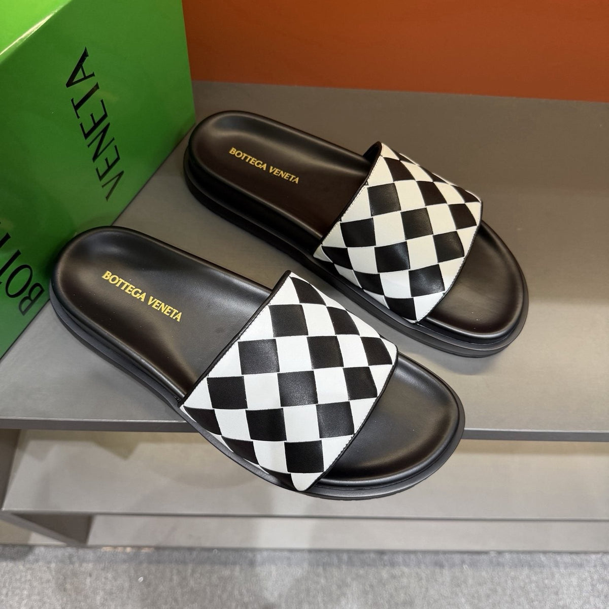 Bottega Veneta Checkerboard Slide Sandals — front