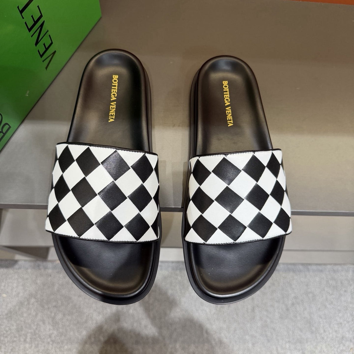 Bottega Veneta Checkerboard Slide Sandals — hero