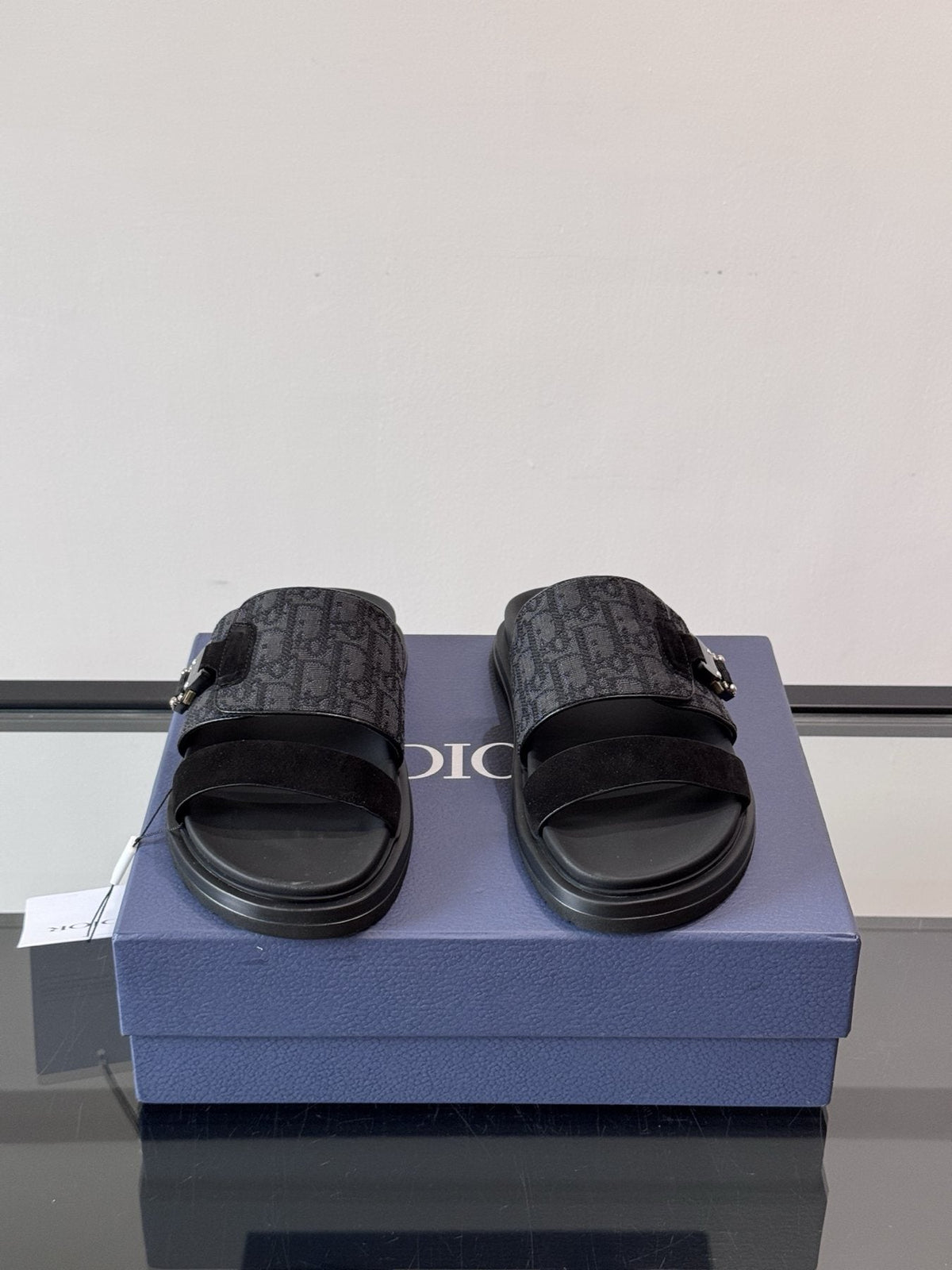 Dior Dark Gray Patterned Slide Sandals — front