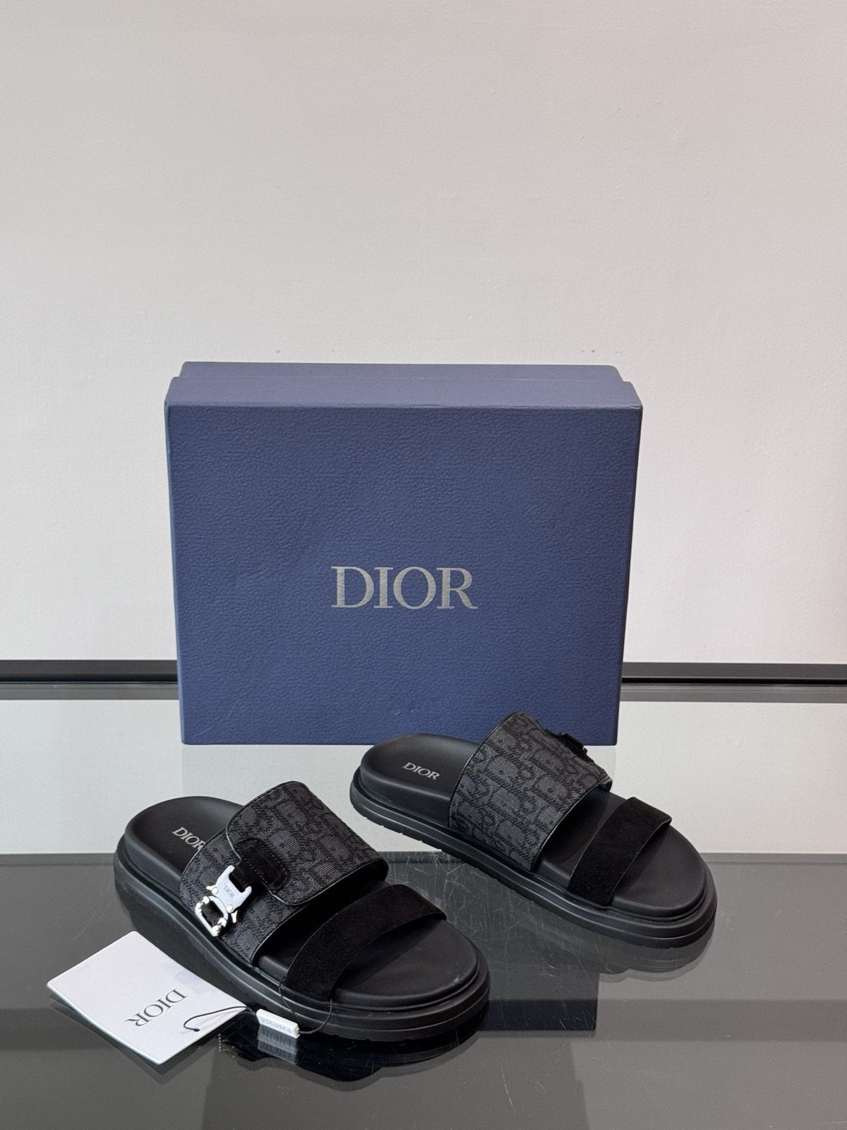 Dior Dark Gray Patterned Slide Sandals — side