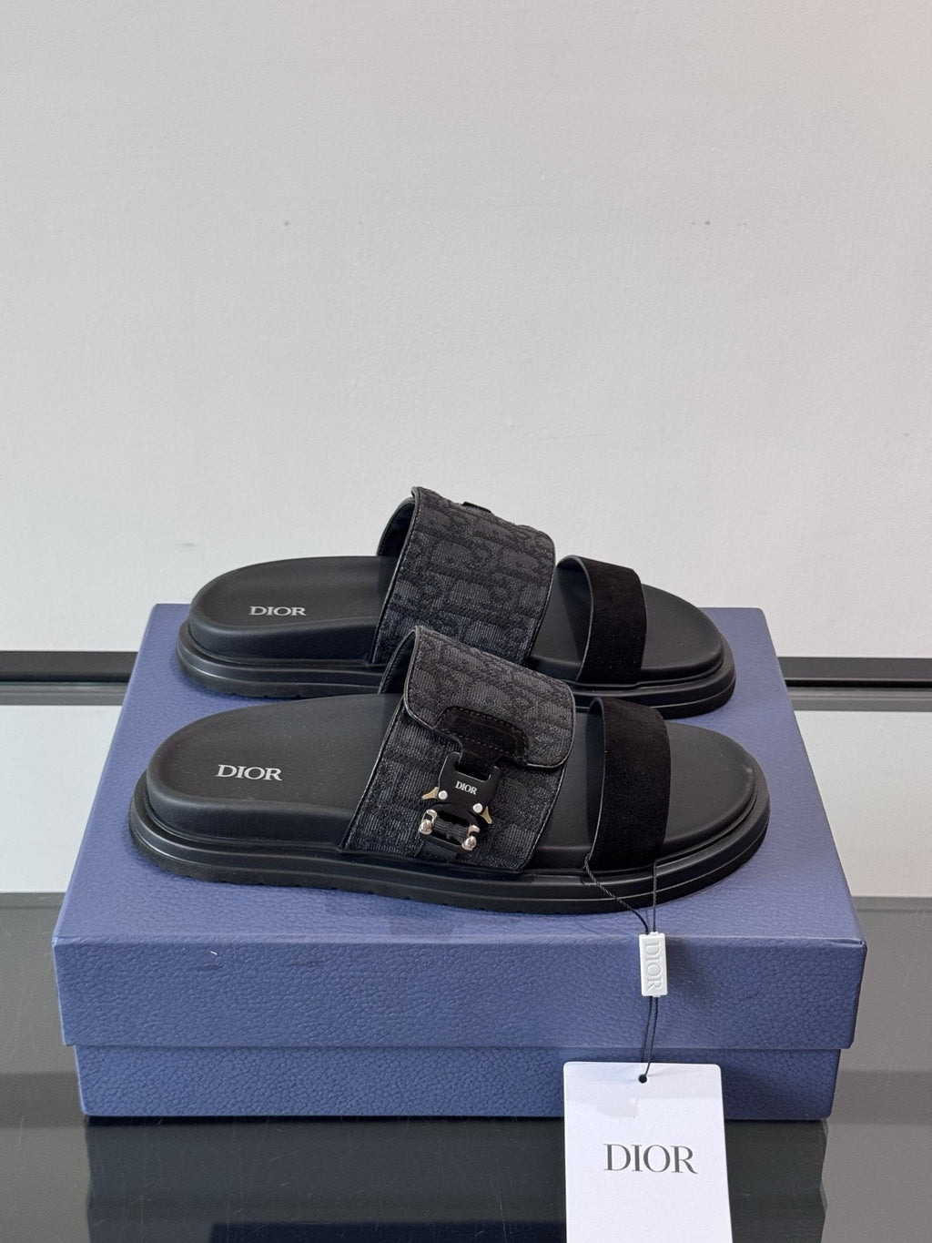 Dior Dark Gray Patterned Slide Sandals — hero