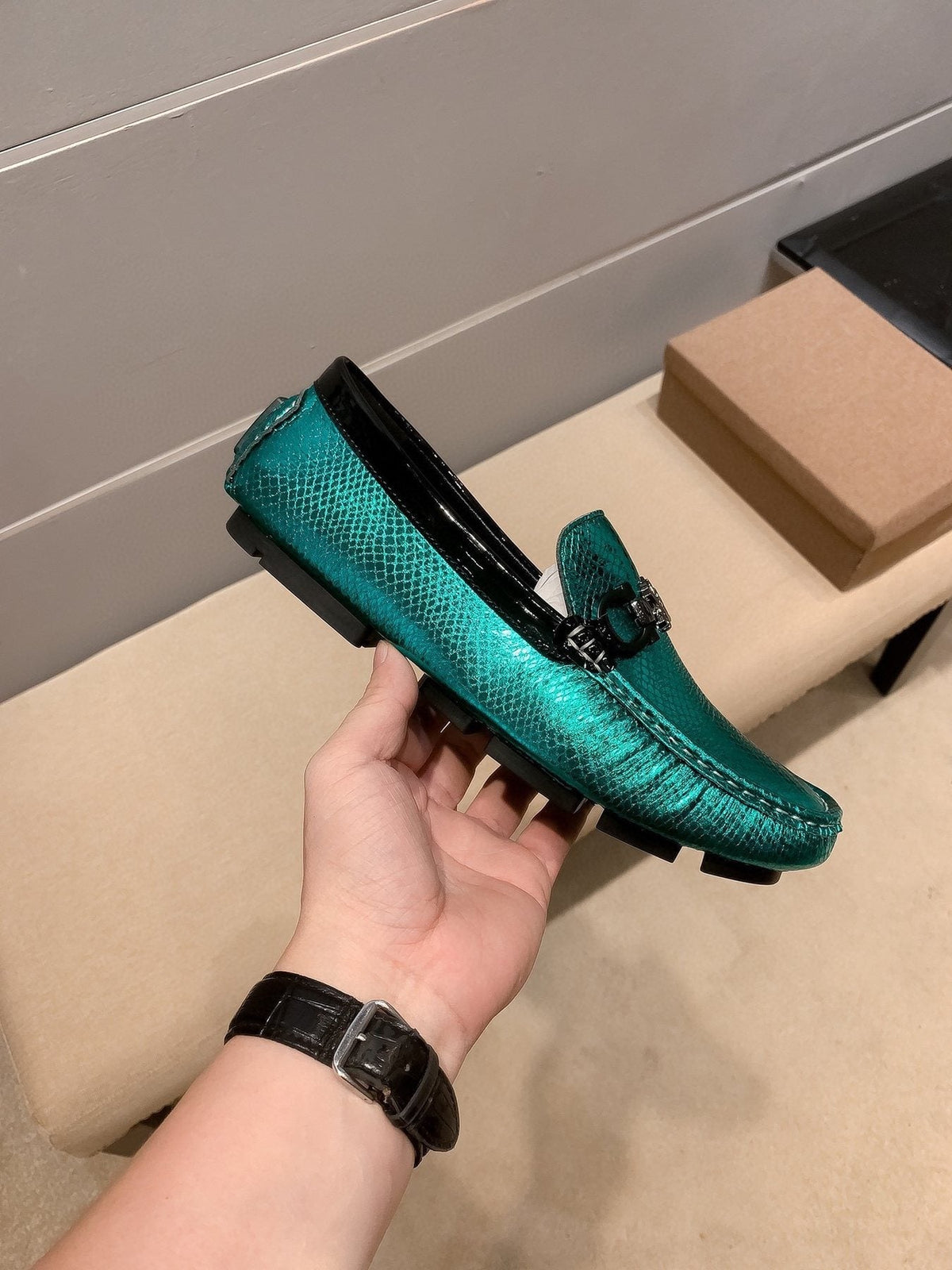 Gucci Metallic Teal Horsebit Loafers — side