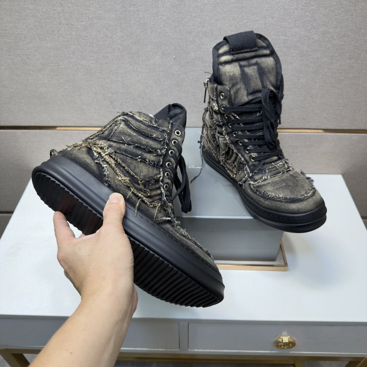 Charcoal Gray and Black High-Top Sneakers — front