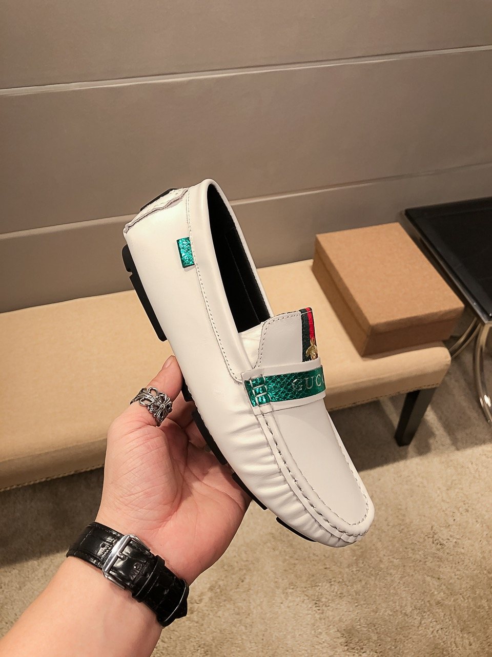 Gucci White Web-Stripe Loafers — side