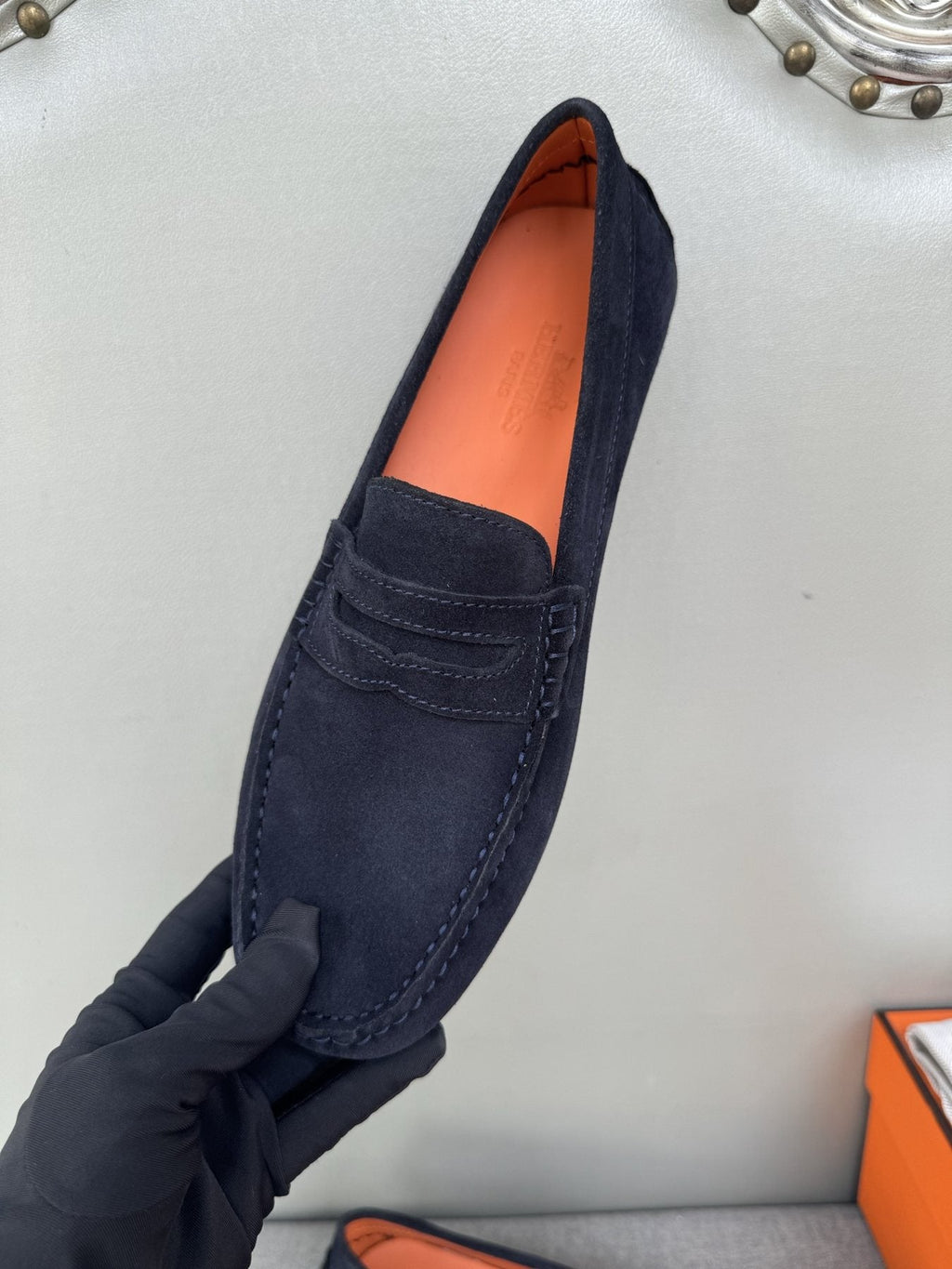 Hermès Navy Suede Driving Loafers — side