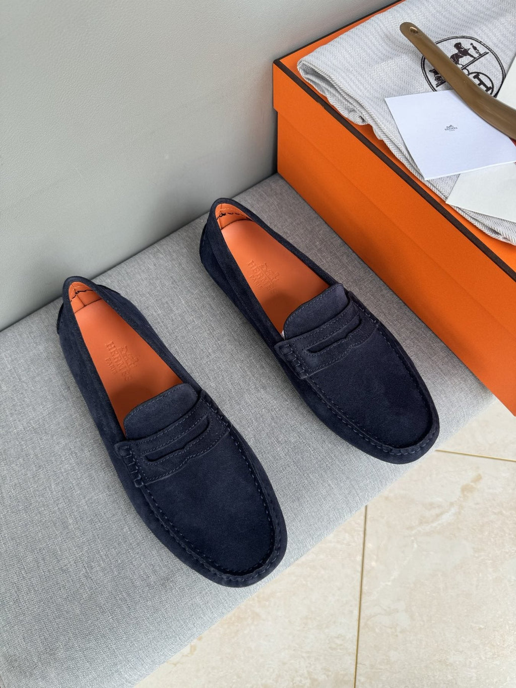 Hermès Navy Suede Driving Loafers — front