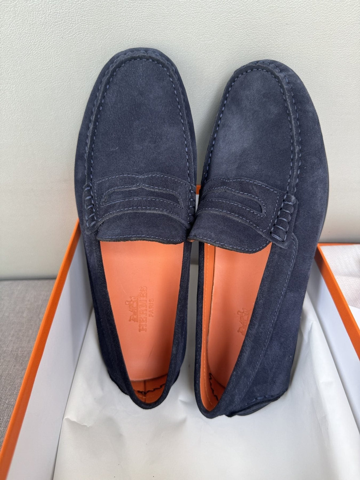 Hermès Navy Suede Driving Loafers — front