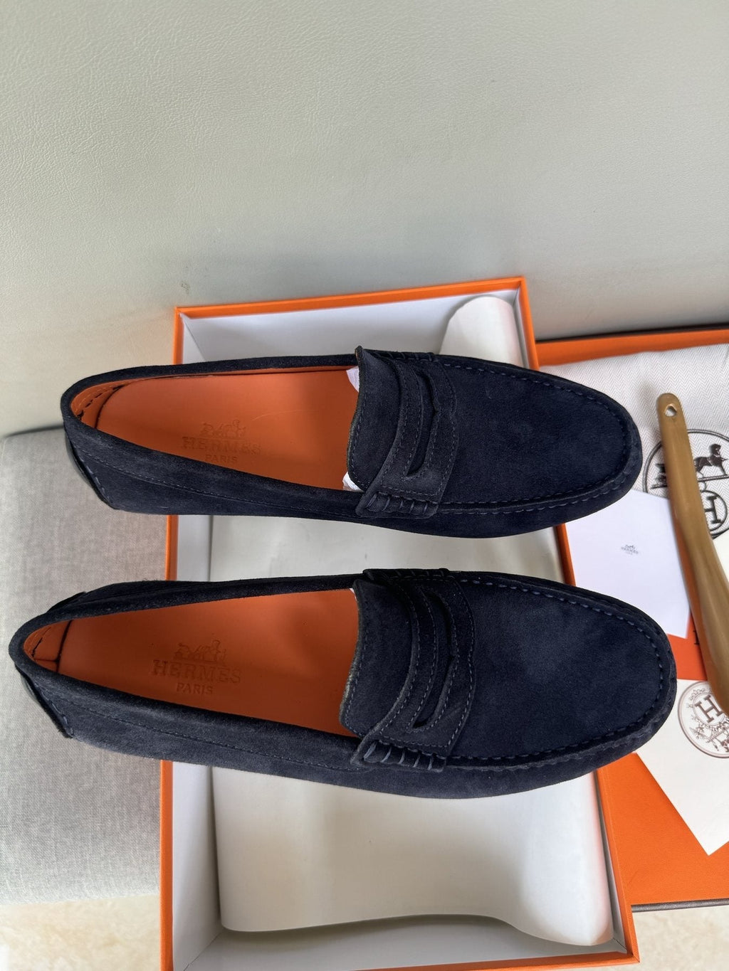 Hermès Navy Suede Driving Loafers — front