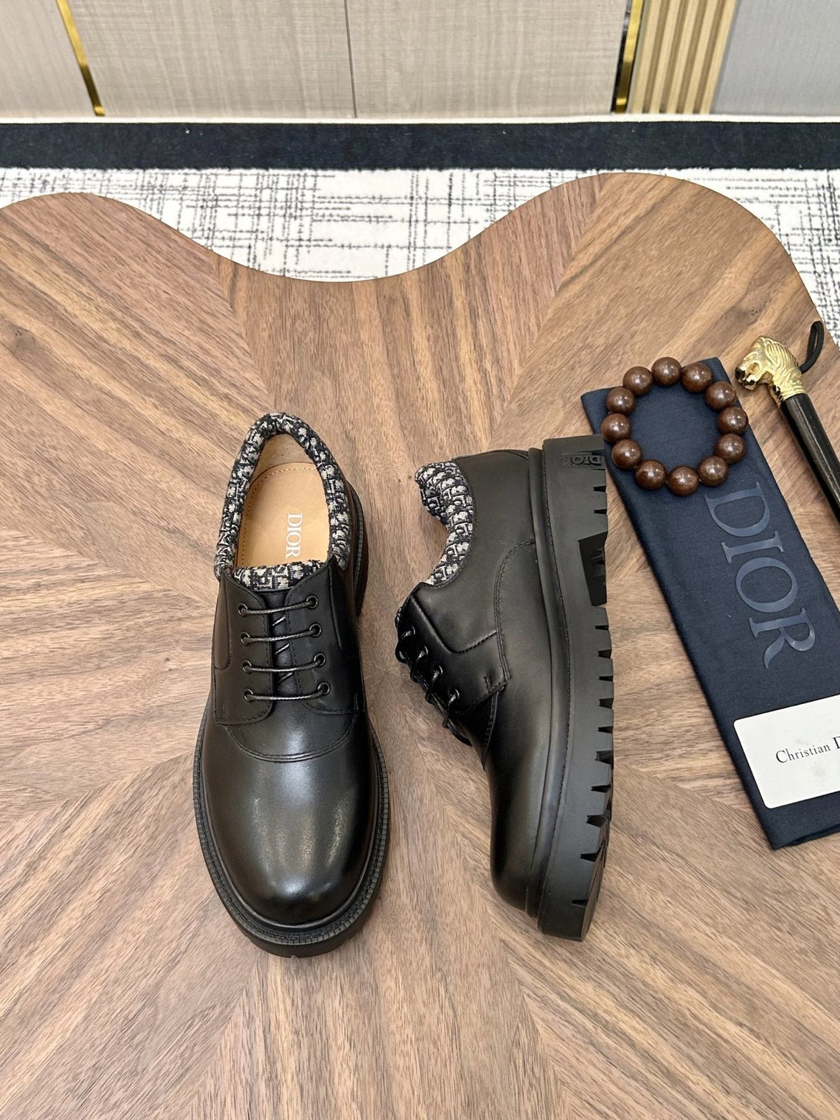 Dior Black Patterned-Collar Lace-Up Shoes — side