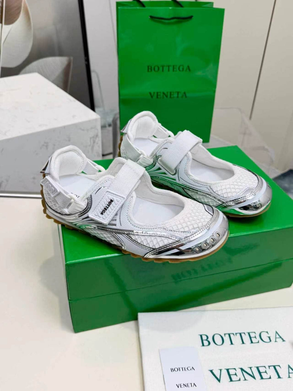 Bottega Veneta White Mesh Strap Sneakers — side
