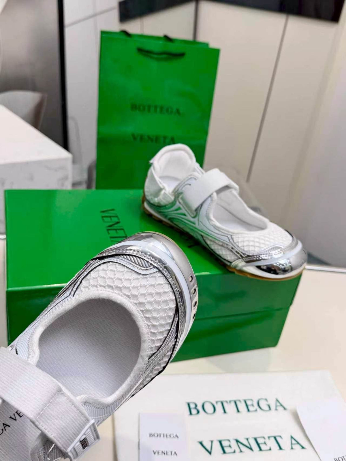 Bottega Veneta White Mesh Strap Sneakers — detail