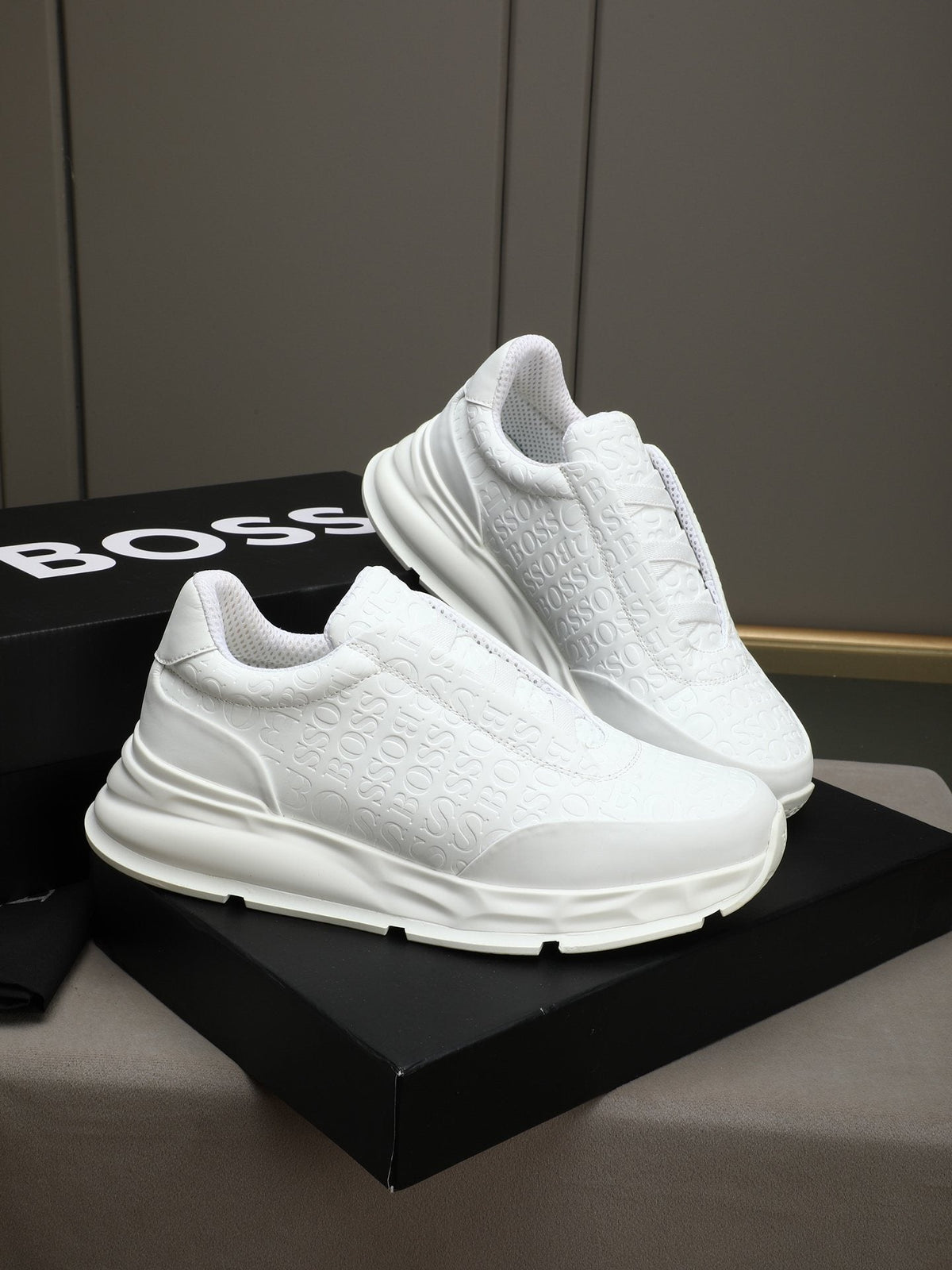 BOSS White Embossed Low-Top Sneakers — hero