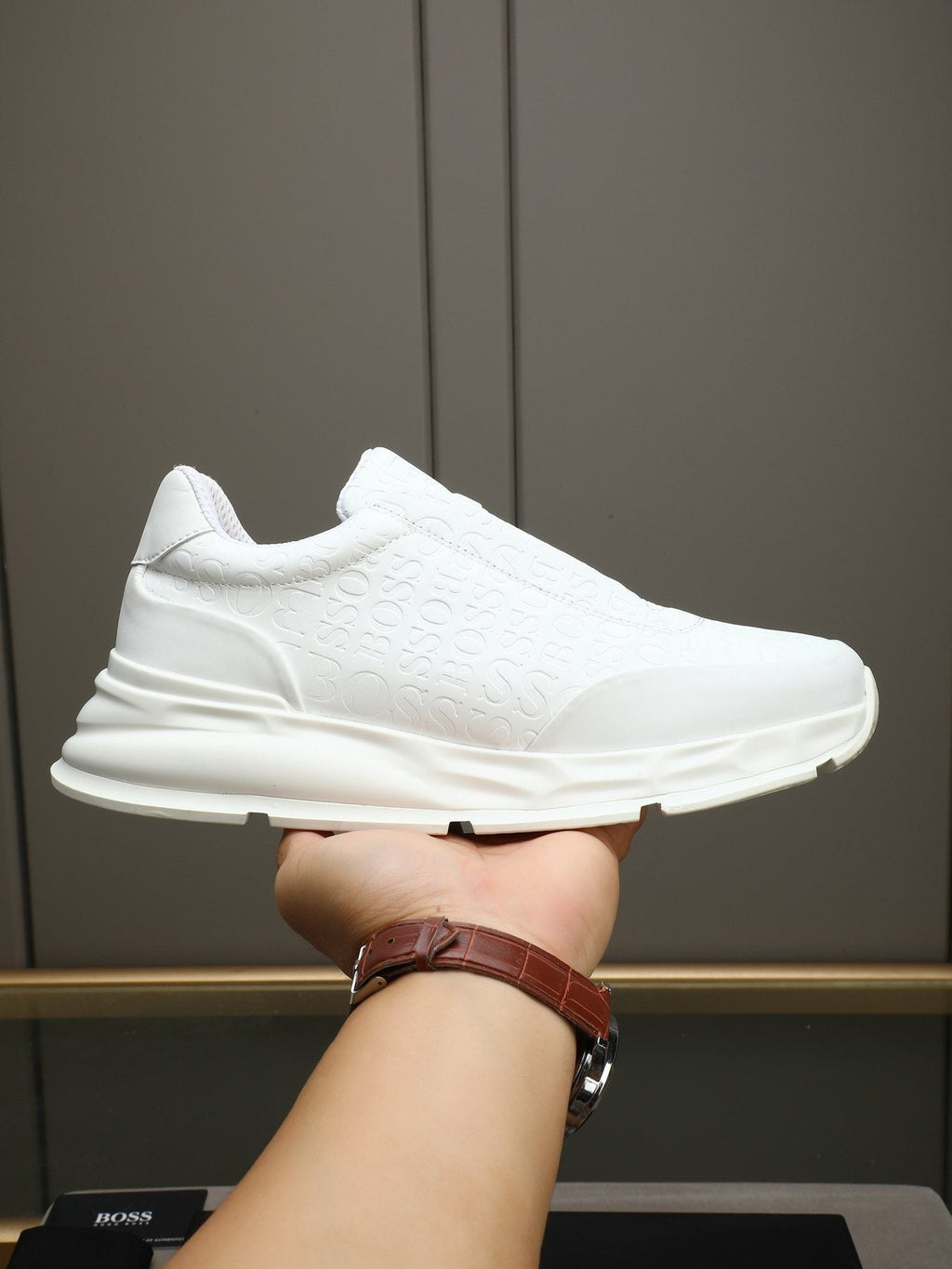 BOSS White Embossed Low-Top Sneakers — model