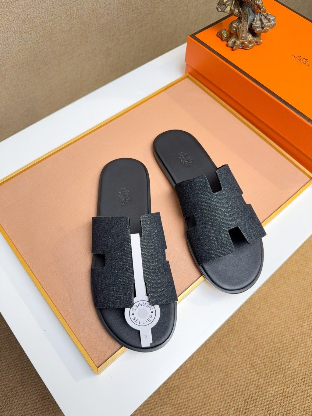 Hermès Black H-Strap Slide Sandals — front