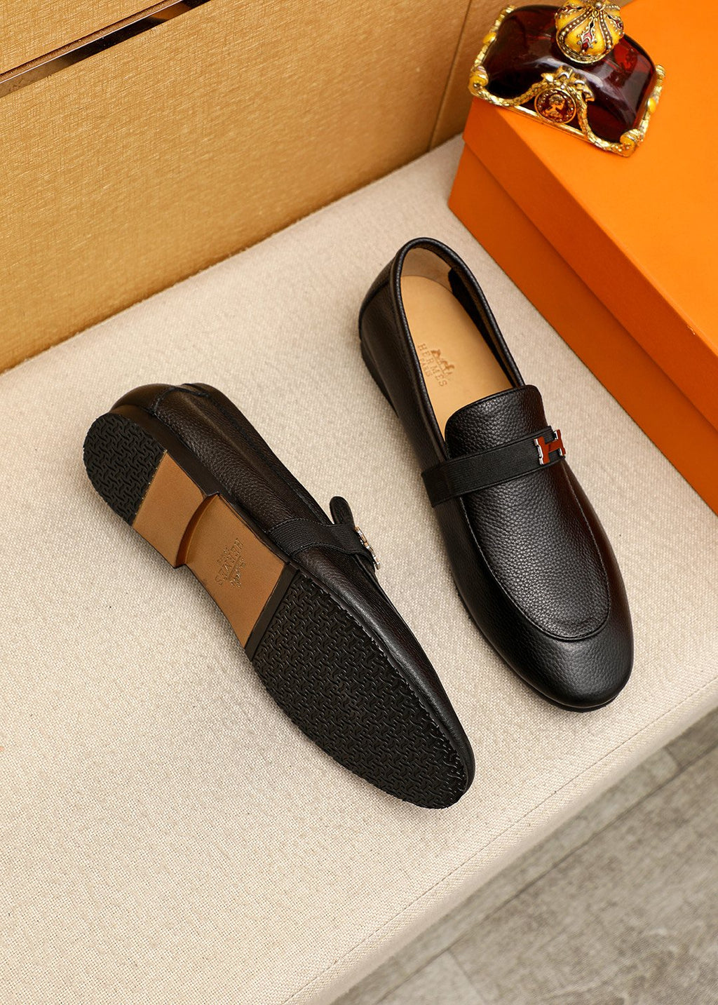 Hermès Black H-Hardware Loafers — front