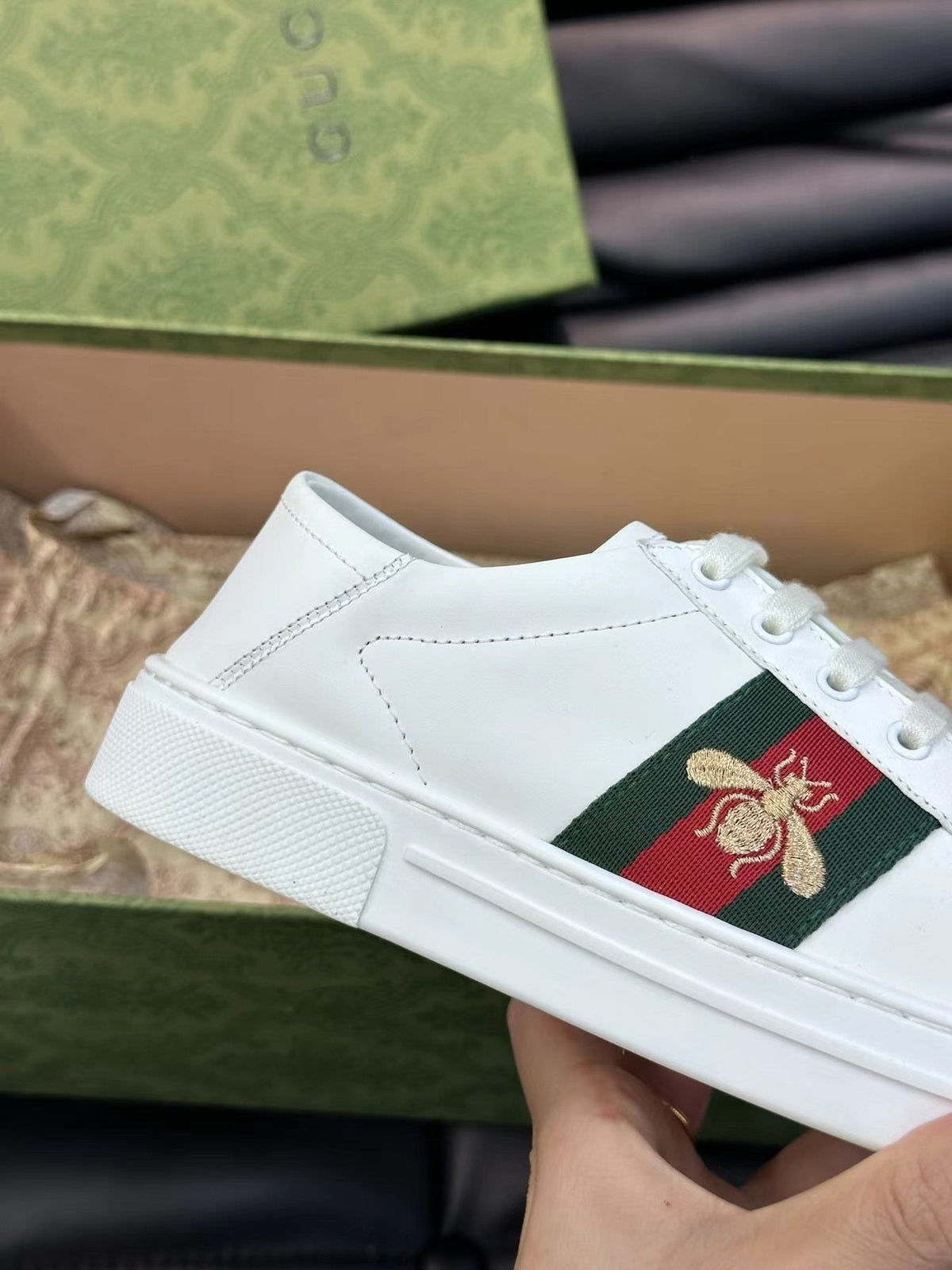 Gucci White Stripe Bee Low-Top Sneakers — side
