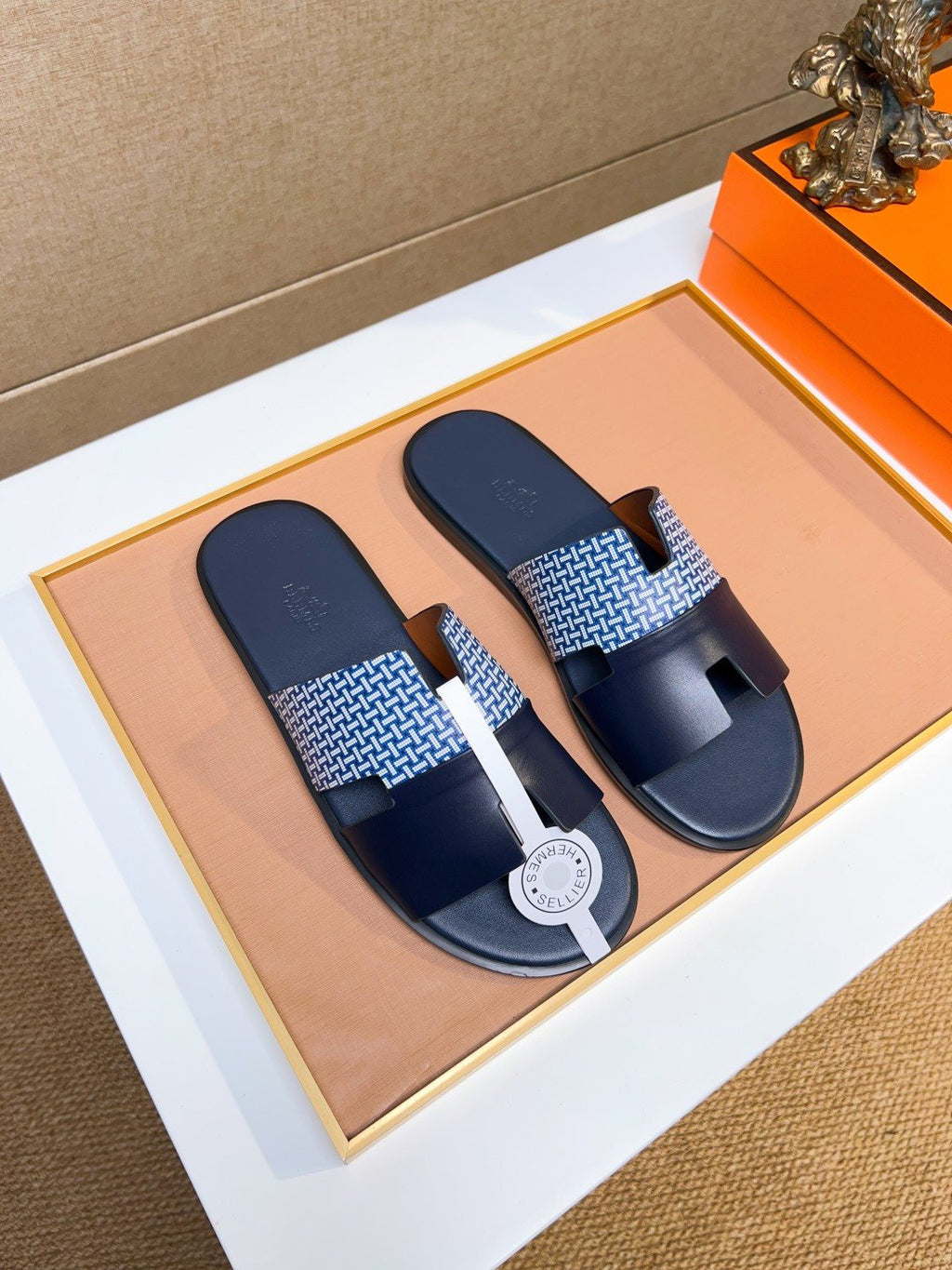 Hermès Blue Patterned H Slide Sandals — front