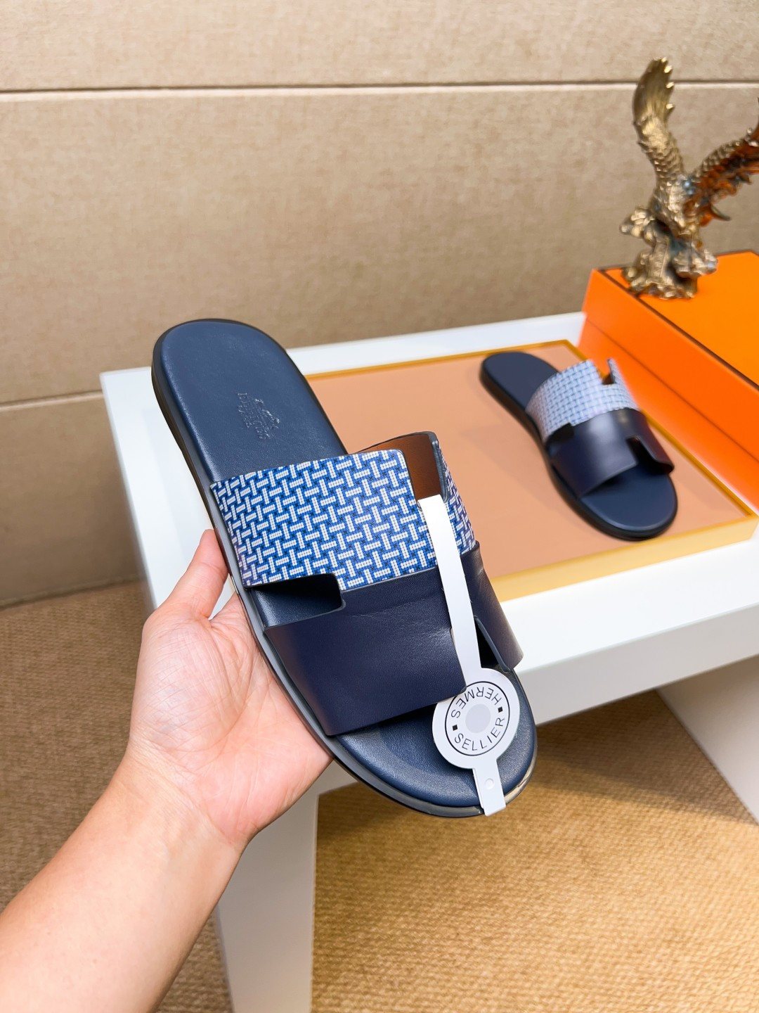 Hermès Blue Patterned H Slide Sandals — detail