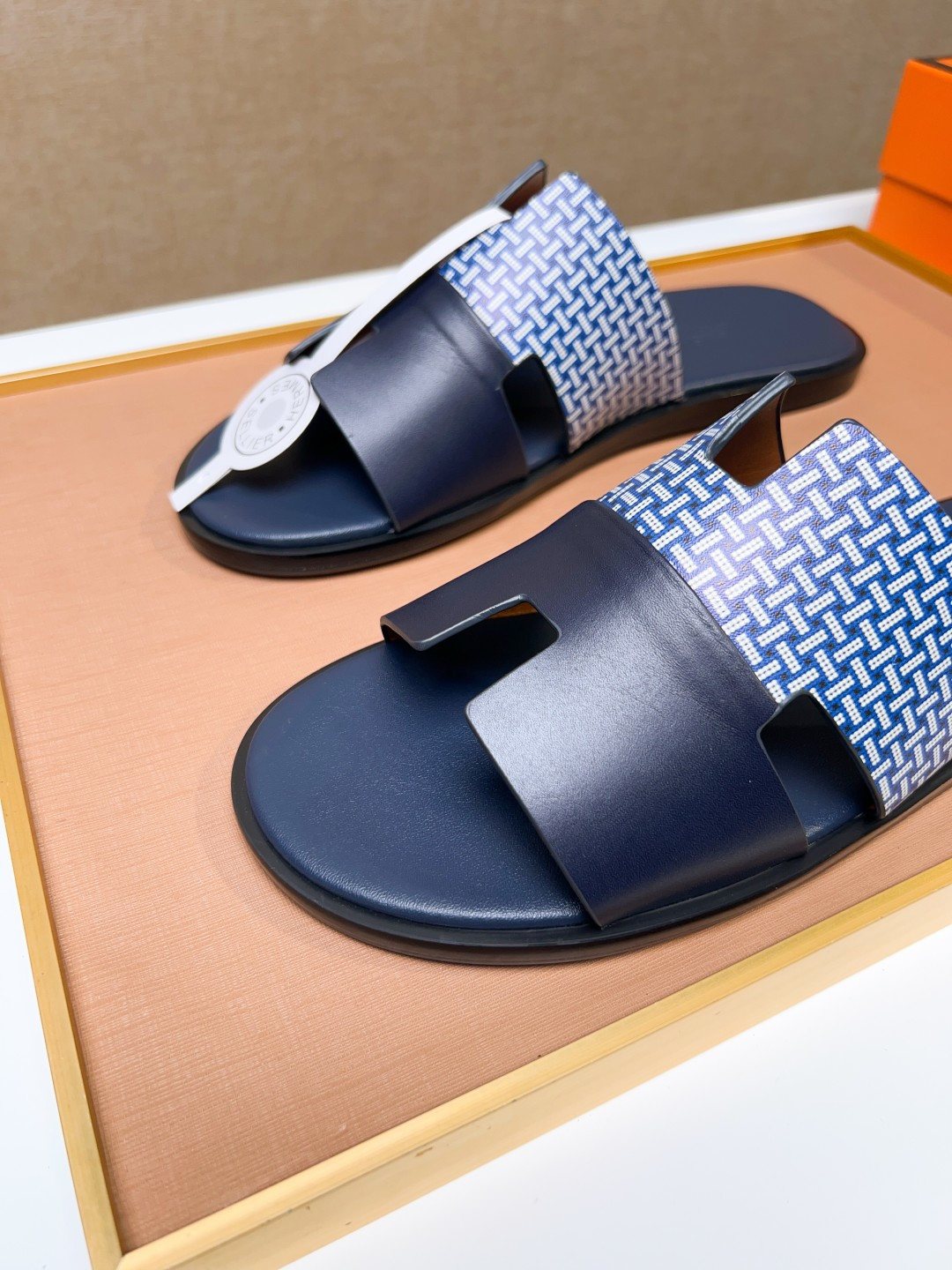Hermès Blue Patterned H Slide Sandals — hero