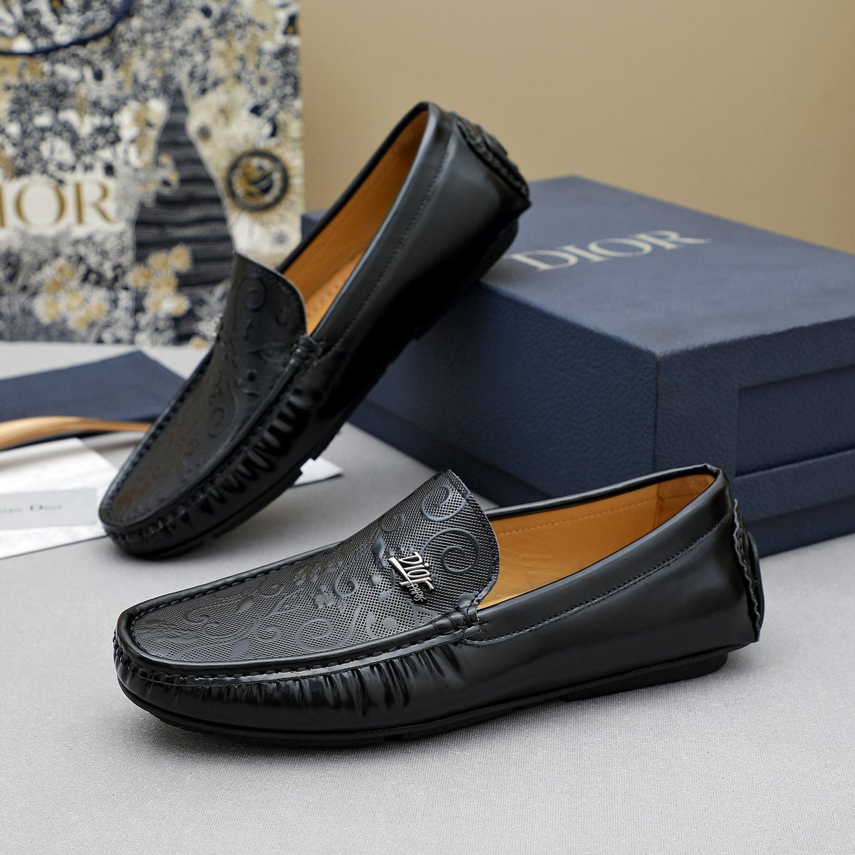 Dior Black Embossed Slip-On Loafers — side