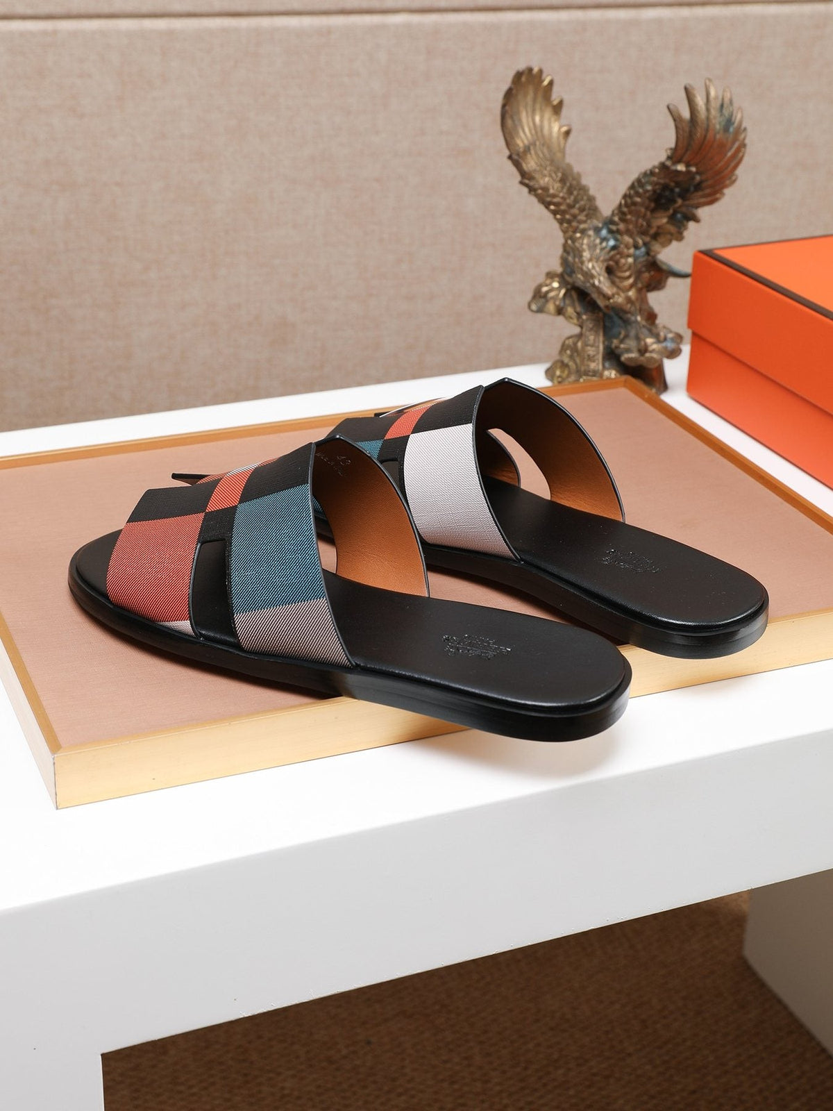 Hermès Plaid H-Strap Slide Sandals — front