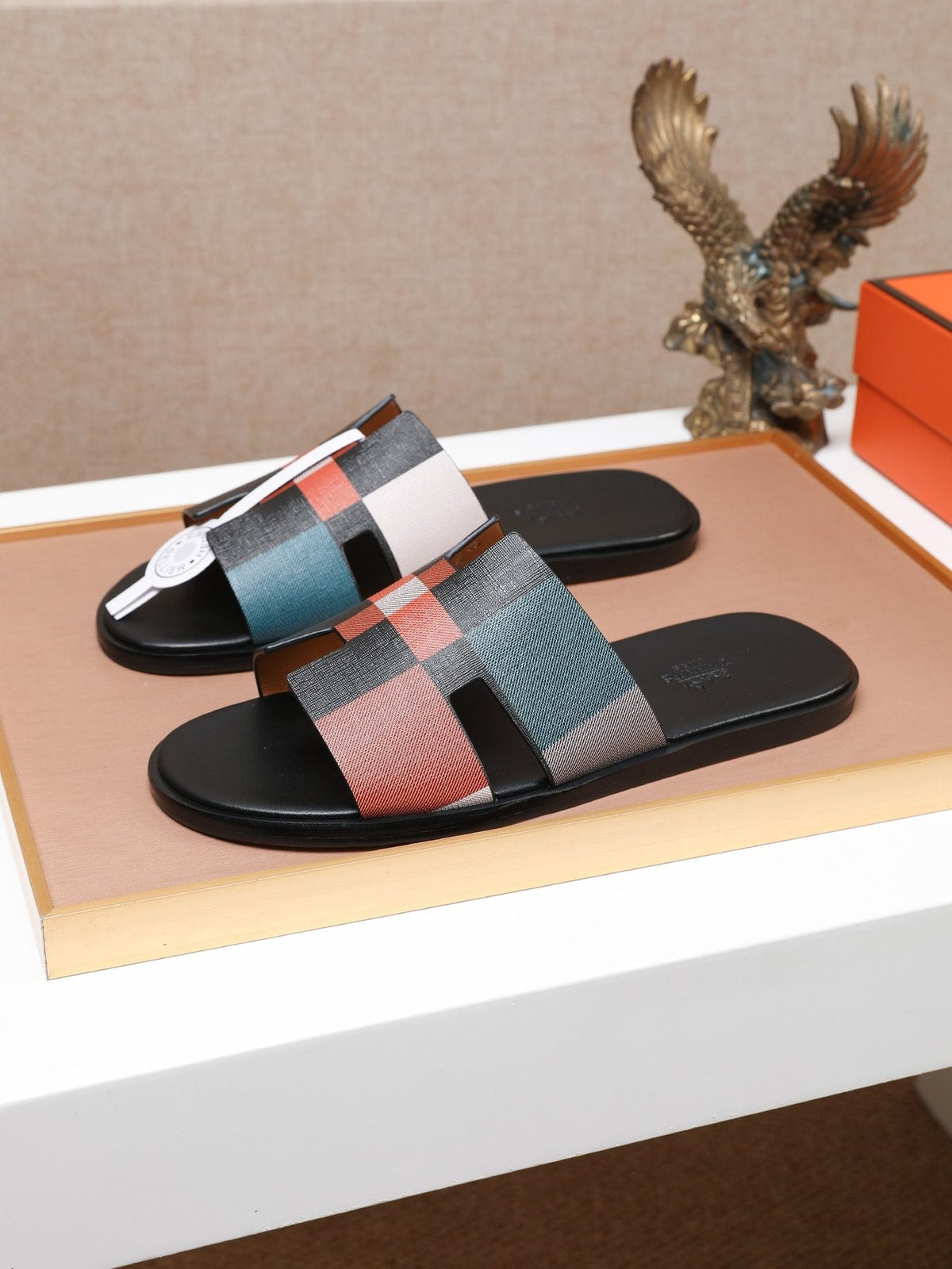 Hermès Plaid H-Strap Slide Sandals — front