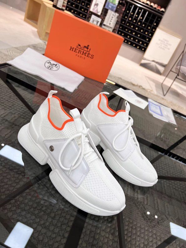 Hermès White Orange Knit Sneakers — side