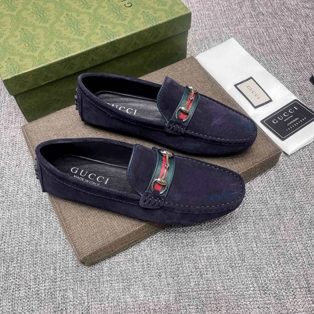 Gucci Navy Striped-Bit Driving Loafers — front