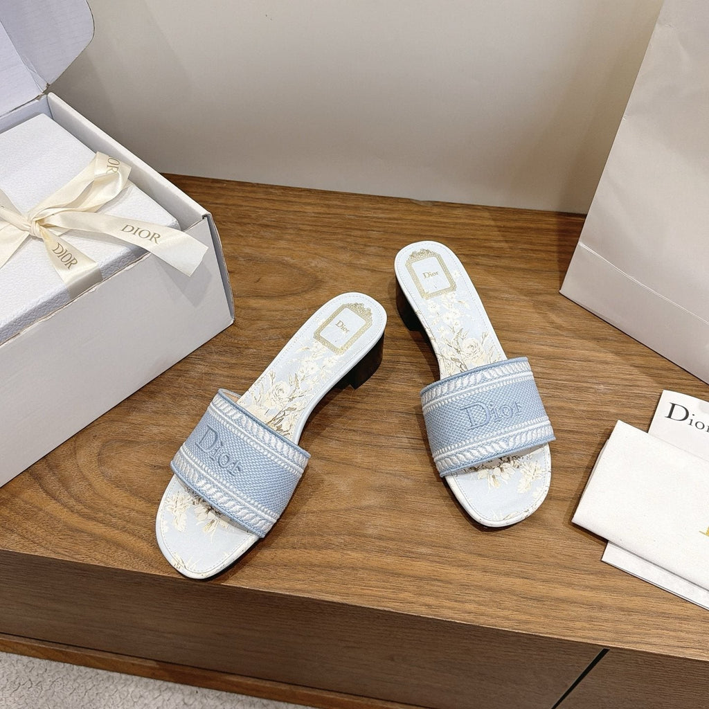 Dior Light Blue Embroidered Slide Sandals — front