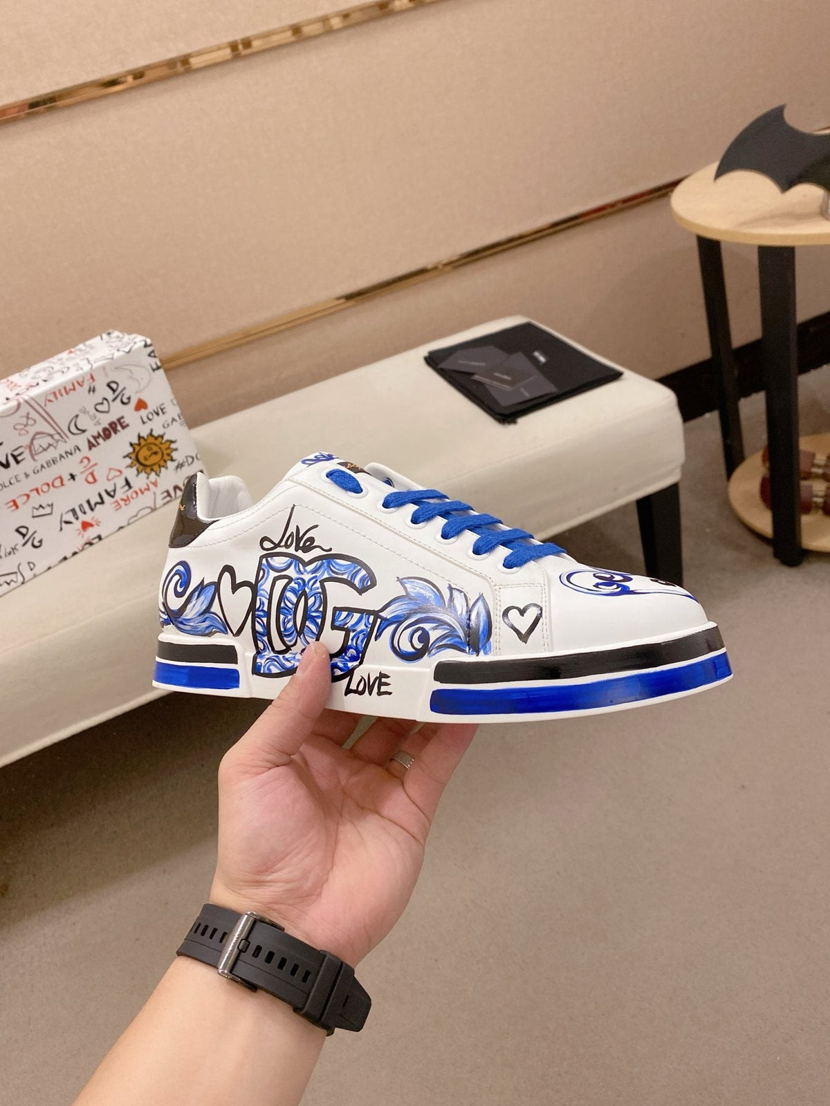 Dolce & Gabbana White Blue Graphic Sneakers — side