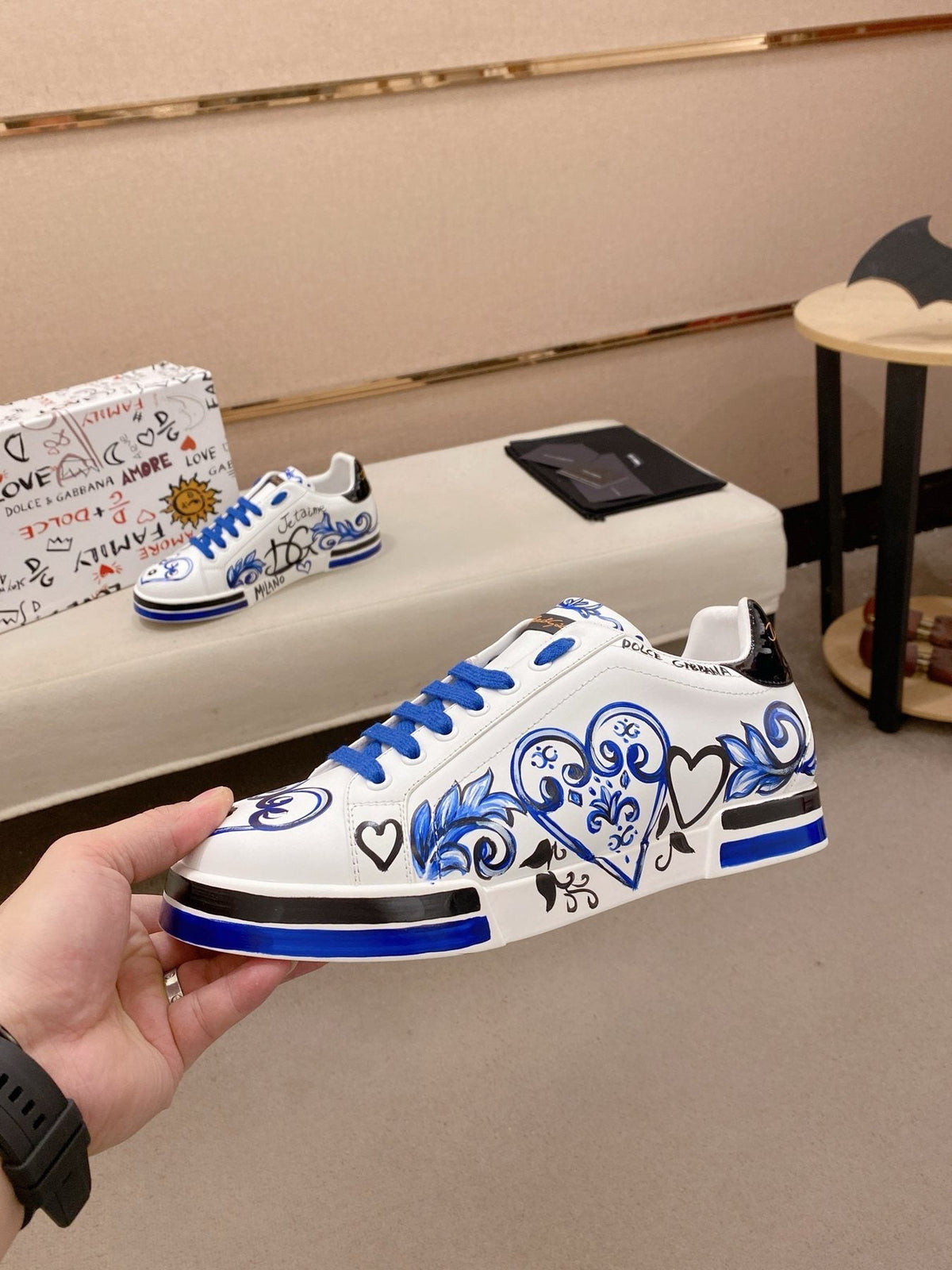Dolce & Gabbana White Blue Graphic Sneakers — side