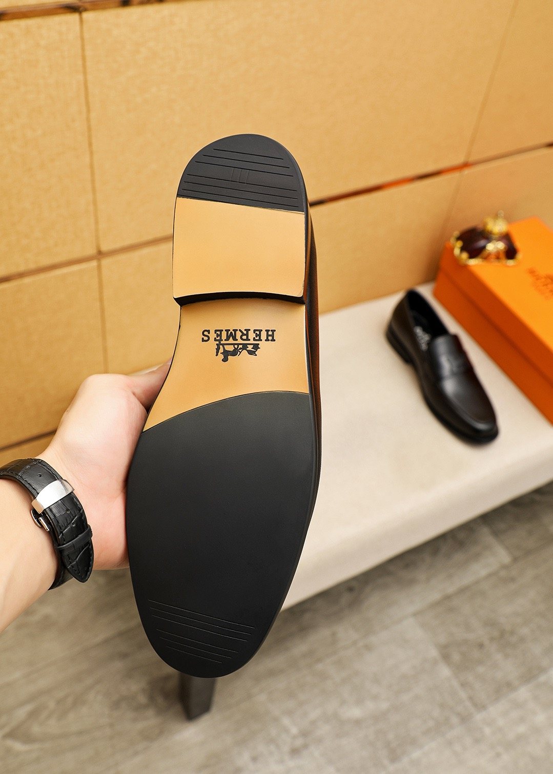 Hermès Black H-Strap Slip-On Loafers — side