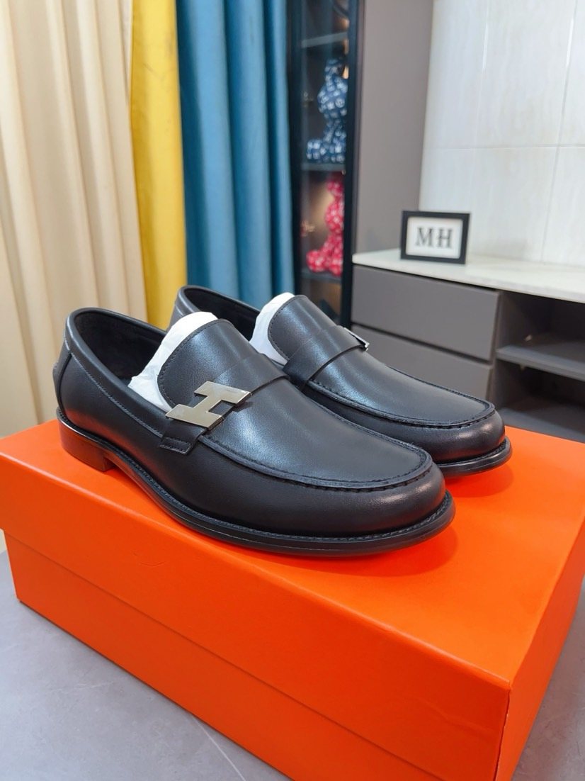 Hermès Black H-Hardware Loafers — front
