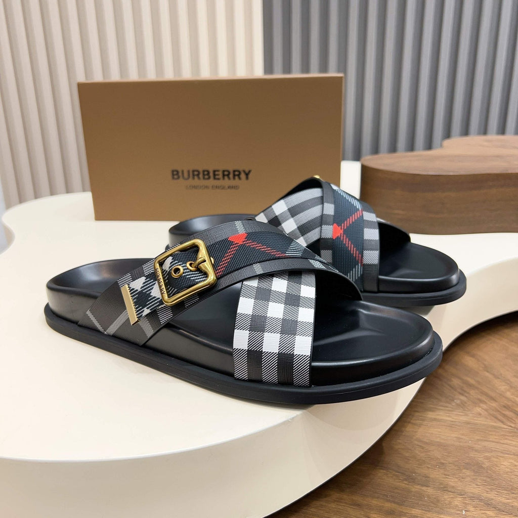 Burberry Checked Cross-Strap Slide Sandals — front