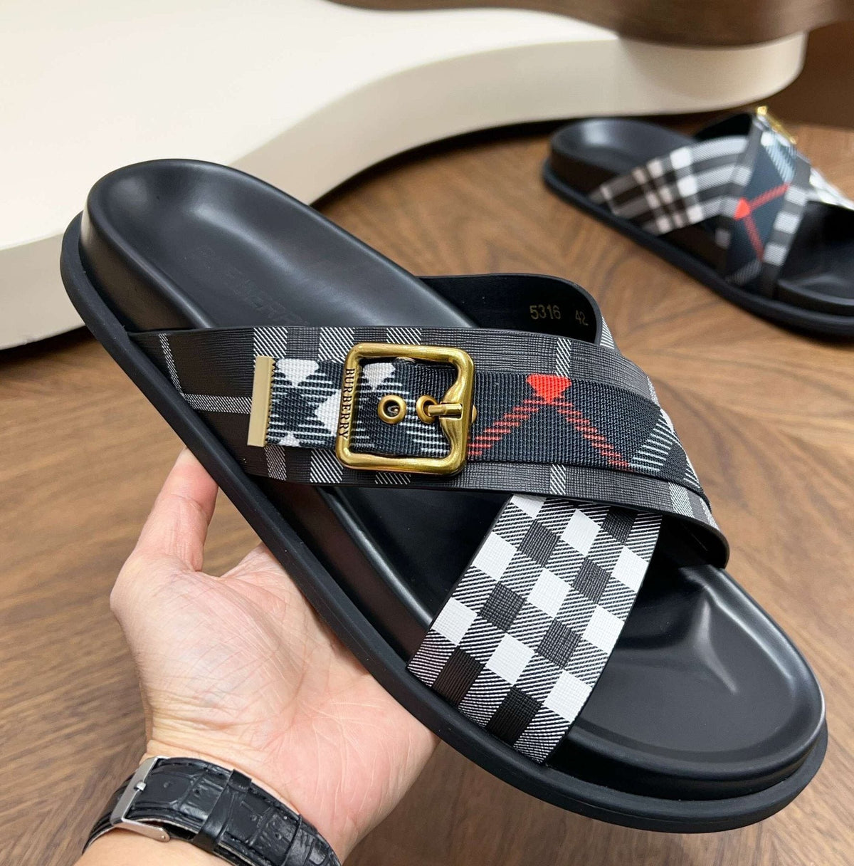 Burberry Checked Cross-Strap Slide Sandals — front