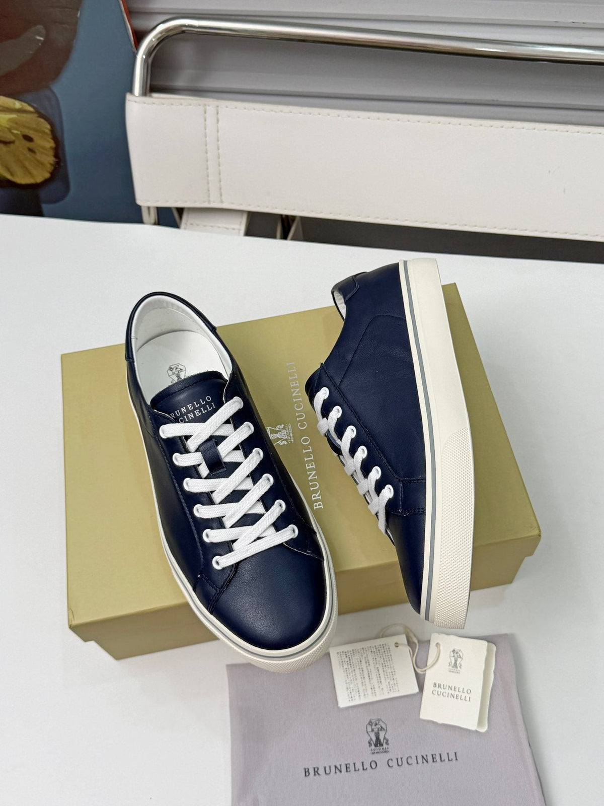 Brunello Cucinelli Navy Leather Low-Top Sneakers — front